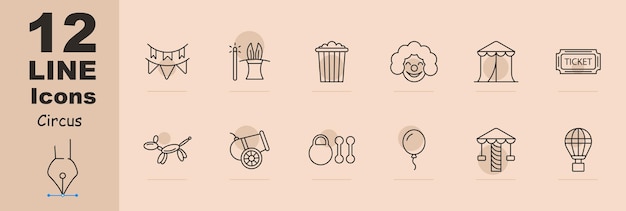 Iconos de escenarios de circo Sombrero de copa de varita mágica orejas de conejo maquillaje de payaso de palomitas de maíz peluca nariz roja boleto de tienda de campaña cañón peso balón de diversión paseo en balón concepto de presentación