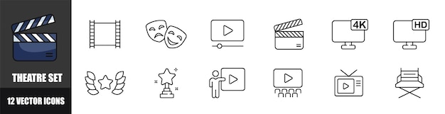 Iconos de escenarios de teatro Icones de cine Estilo lineal Iconos vectoriales