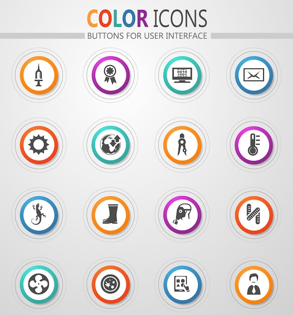 Iconos de la escuela de cursos en botones blancos redondos con trazos de color