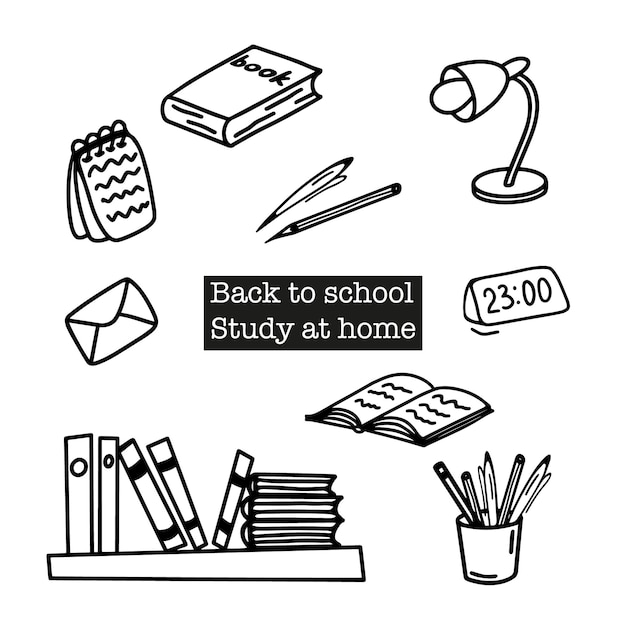 Iconos de la escuela de garabatos dibujados a mano Estudiar objetos de educación útiles escolares cuaderno lámpara de mesa