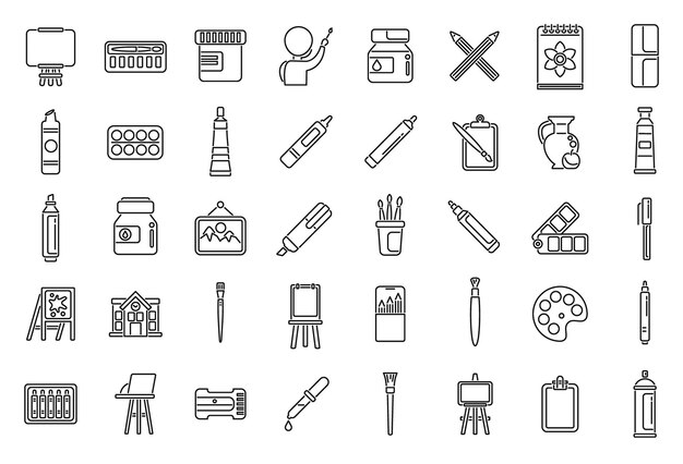 Los iconos de la escuela de pintura establecen el vector de contorno Estudiante de clase