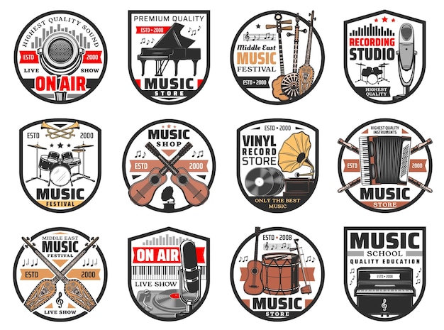 Vector iconos de la escuela y la tienda de instrumentos del festival de música