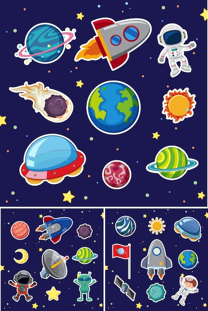 Vector iconos de espacio con cohetes y planetas