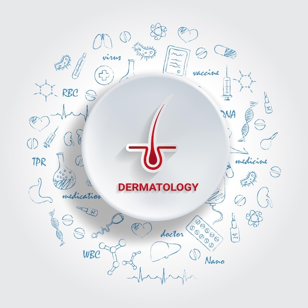 Vector iconos para especialidades médicas concepto de dermatología ilustración vectorial con doodle de medicina dibujado a mano