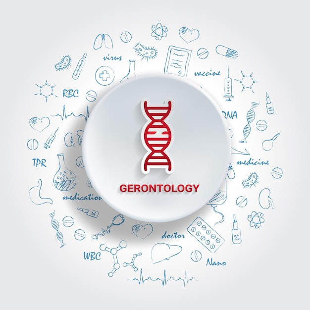 Iconos para especialidades médicas concepto de gerontología ilustración vectorial con doodle de medicina dibujado a mano