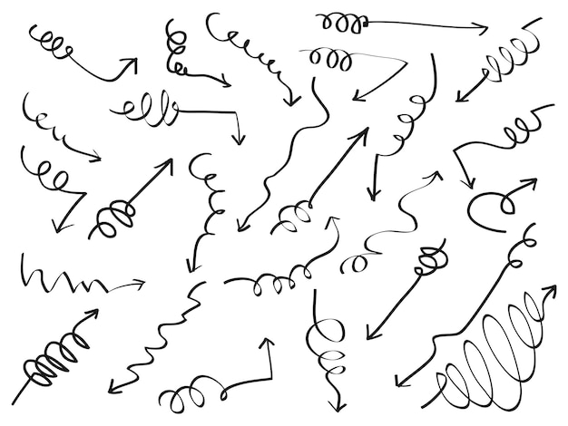 Iconos de espiral de flechas de garabato Establecer icono de flecha con varias direcciones estilo dibujado a mano aislado en una ilustración de vector de fondo blanco