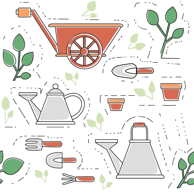 Vector los iconos de esquema de colección de artículos de jardinería de patrones sin fisuras establecen ilustración de vector plano sobre fondo blanco