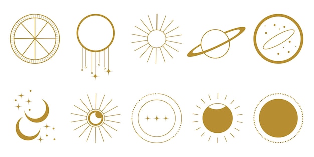 Iconos establecidos logotipo místico dorado dibujos para tatuajes diseño boho astrología horóscopo