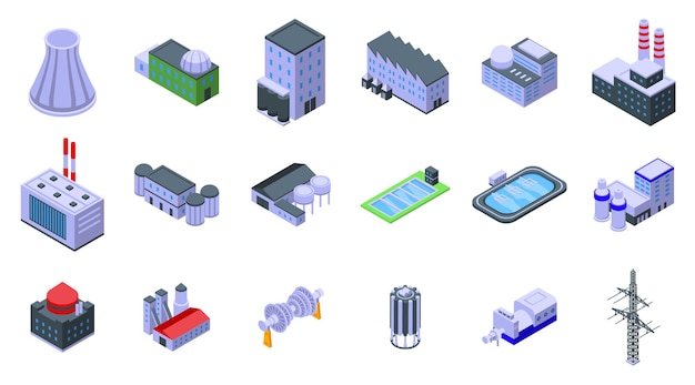 Vector los iconos de la estación de energía nuclear establecen la energía de energía vectorial isométrica