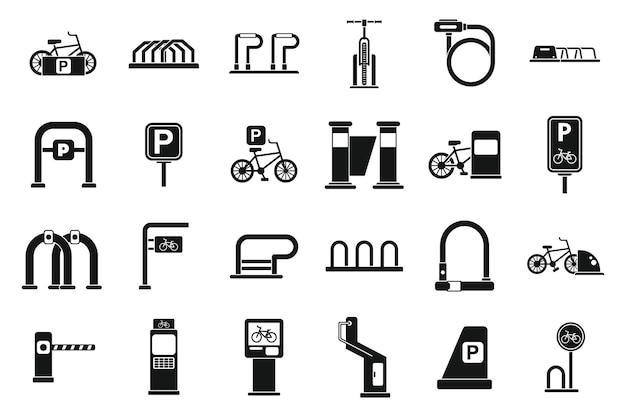 Iconos de estacionamiento de bicicletas set vector simple Parque de bicicletas Ciclo de alquiler