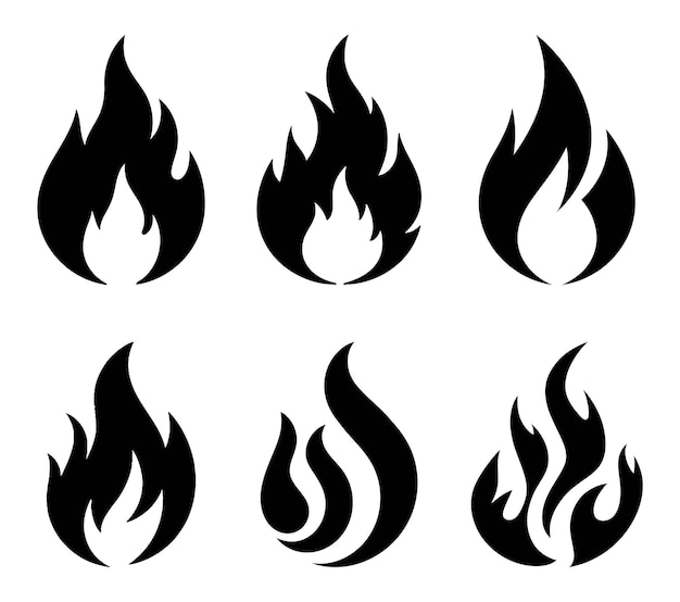 Iconos estilizados de llama de fuego Clipart Conjunto de llamas ardientes Símbolo silueta negra paquete vectorial agudo