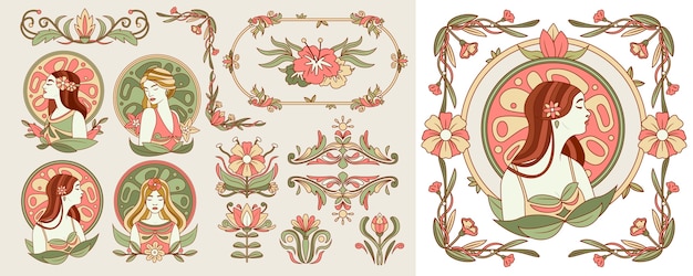 Iconos de estilo Art Nouveau y conjunto de ilustraciones