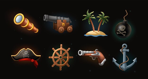 Iconos de estilo de dibujos animados vectoriales concepto de pirata pistola binocular máquina palmas bomba pirata sombrero barco