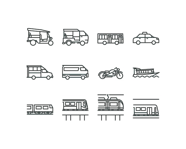 Iconos de estilo de diseño plano lineal de los transportes públicos de Bangkok.
