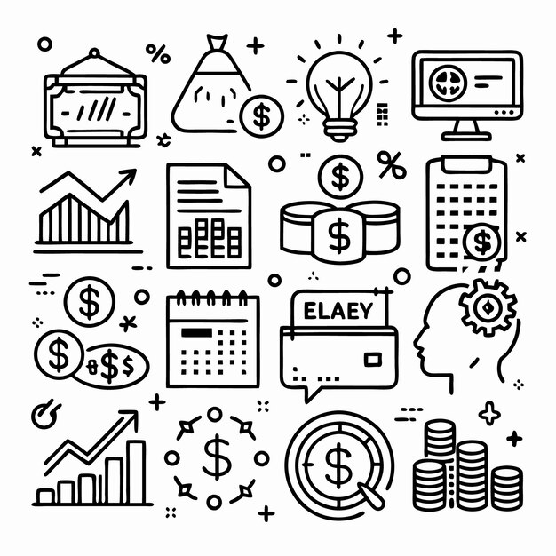 Iconos de estilo doodle en blanco y negro de dinero financiero y negocios