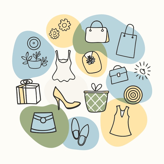 Iconos de estilo doodle dibujados a mano bolsa de flores de regalo zapatos de moda círculo de plantas en fondo de color pastel