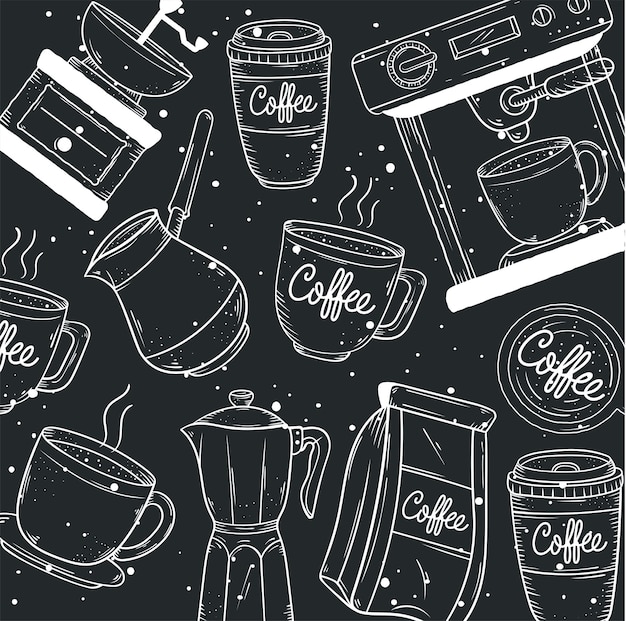 Iconos de estilo doodle de patrón de café