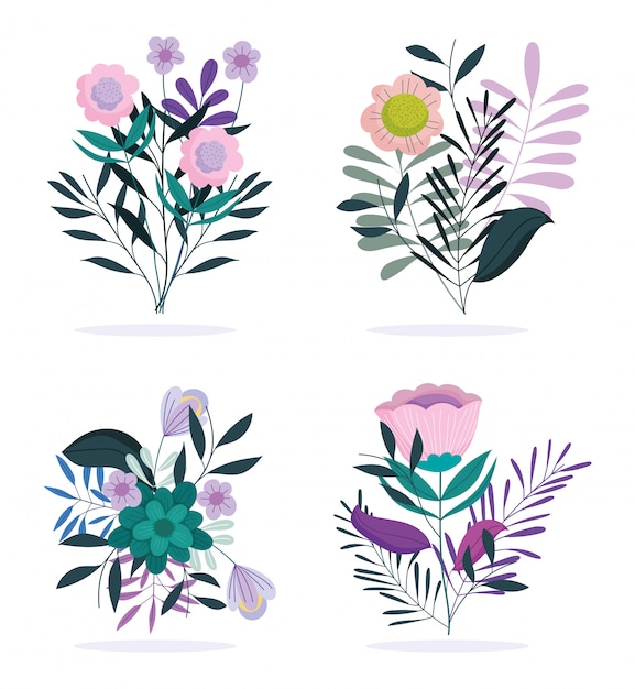 iconos de estilo de naturaleza de follaje de flores