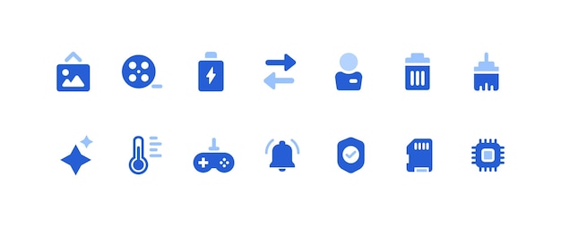 Iconos de estilo de vida digital de tecnología Imagen Video Compartir batería Usuario Basura Alarma de juego temporal de estrellas