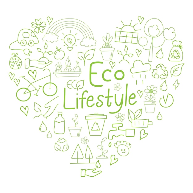 Vector iconos de estilo de vida ecológico en forma de grandes corazones verdes concepto de reciclaje