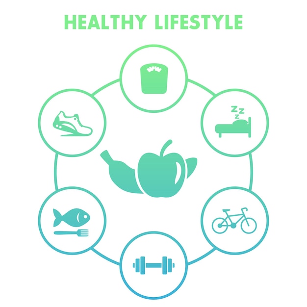 Vector iconos de estilo de vida saludable en blanco, dieta, recreación, actividad física, jogging, comida sana, ilustración vectorial
