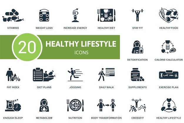 Iconos de estilo de vida saludable establecen iconos creativos vitaminas peso