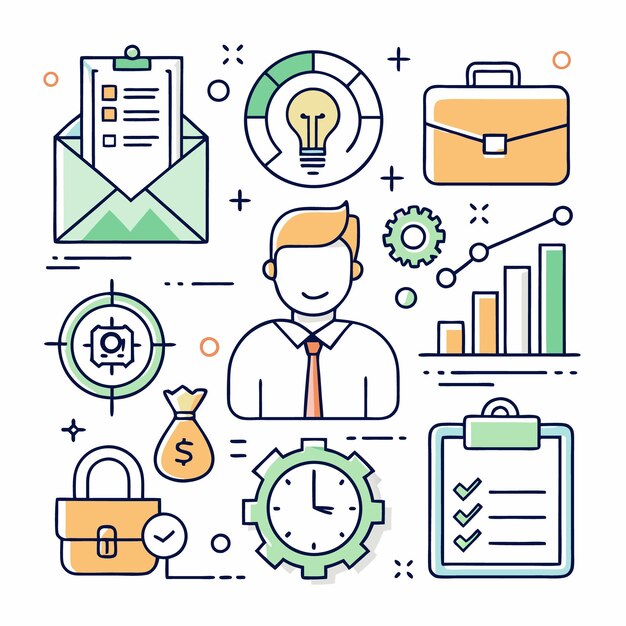 Iconos de estrategia de negocios y gestión de procesos en estilo de arte de línea
