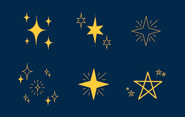 Iconos de estrellas y chispas dibujados a mano Conjunto de estrellas y chispas de Navidad y chispas