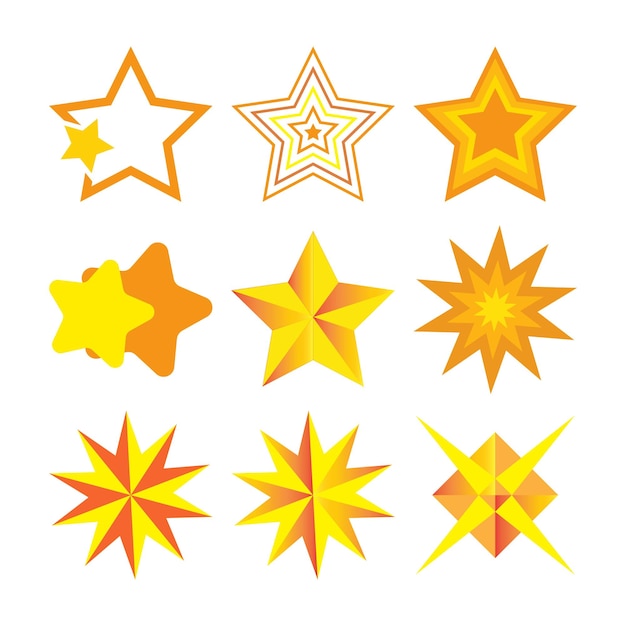 Iconos de estrellas y colección de logotipos. vector de símbolos de destellos amarillos, dorados y naranjas