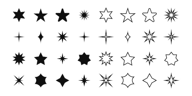 Iconos de estrellas colecciones de línea y estilo de glifo Ilustración con una diversa colección de estrellas