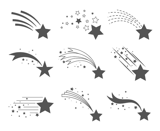 Iconos de estrellas fugaces. Conjunto de vectores de cola de cometa o rastro de estrellas aislado sobre fondo blanco. Stardust cayendo meteoritos simples