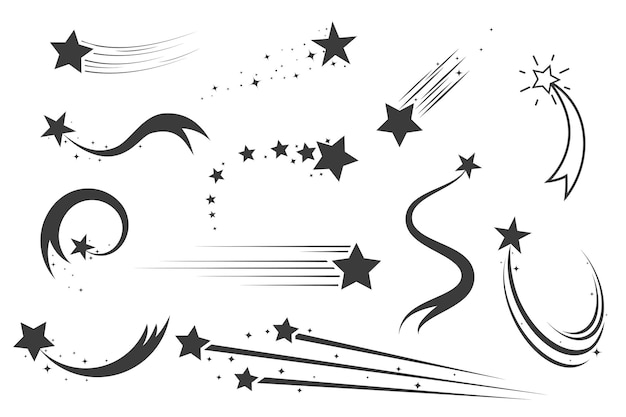 Iconos de estrellas fugazas estrella voladora con cola de cometa conjunto de estrella fugaz con vector de senderos
