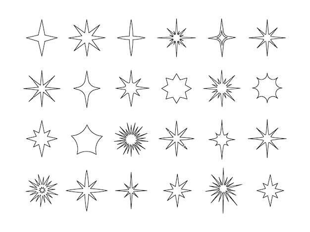 Vector iconos de estrellas de línea contorno simple formas estelares brillantes y brillantes diseño parpadeante de doodle contorno de fuegos artificiales y partículas de brillo polvo de estrellas brillante vector cielo llamaradas brillantes