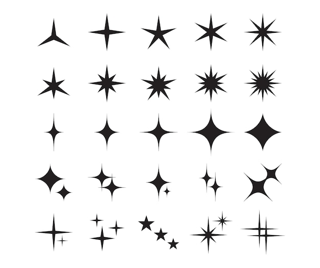 Iconos de estrellas Símbolo de luz de centelleo de forma de brillo Elemento de brillo de brillo Signos mágicos de estrellas de Navidad Conjunto aislado de vector de fuegos artificiales de estrellas de Navidad