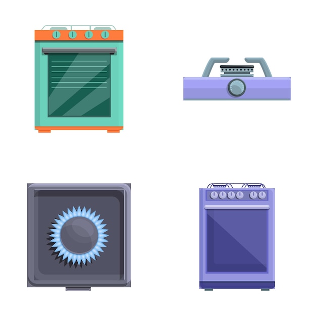 Iconos de estufas de gas conjunto de vectores de dibujos animados Varios tipos de hornos de gas