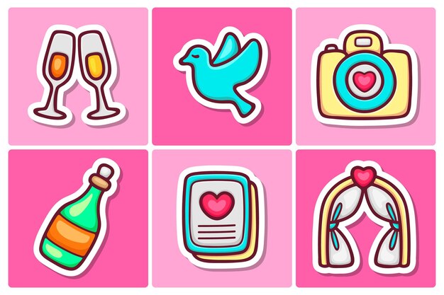 Iconos de la etiqueta engomada de la boda Doodle Vector para colorear
