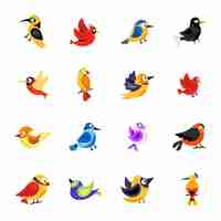 Vector iconos de etiqueta plana de pájaros y aves