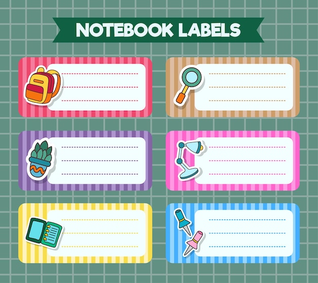 Iconos de etiquetas de cuaderno de vector de diseño de vector colorido de materias escolares