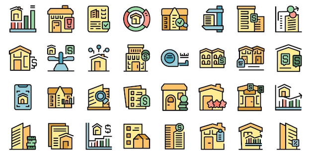 Los iconos de evaluación de bienes inmuebles establecen el vector de contorno Casa de impuestos Inversor de negocios color de línea delgada plano sobre blanco