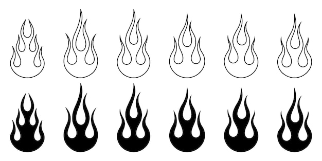 Iconos de evolución de la llama Contorno a conjunto gráfico vectorial de fuego sólido
