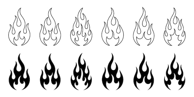 Iconos de evolución de la llama Contorno a conjunto gráfico vectorial de fuego sólido
