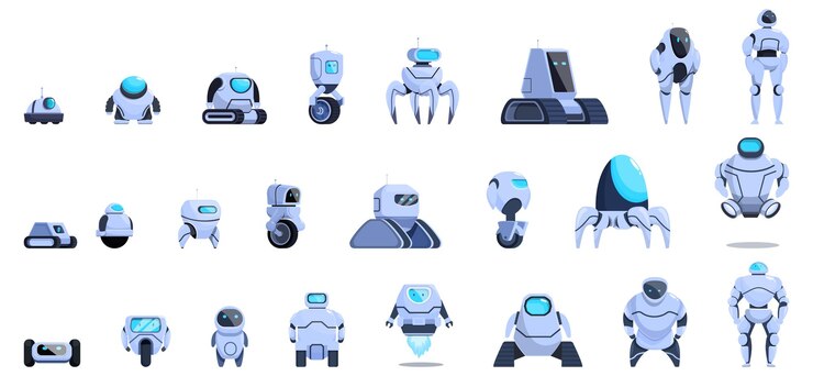 Vector los iconos de la evolución del robot se establecen en el vector de dibujos animados smart future