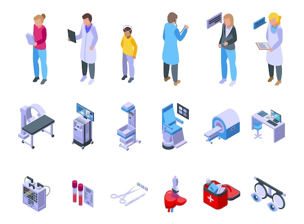 Los iconos de examen médico establecen un vector isométrico. chequeo de salud