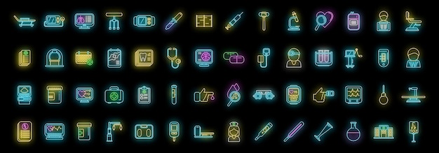 Iconos de examen médico establecer neón vectorial