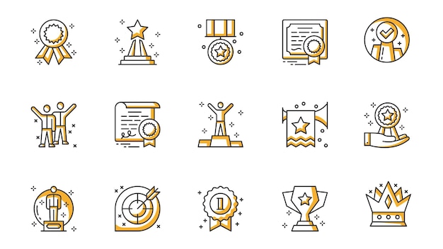Iconos de éxito configurados en diseño de trazo de contorno para la web Pictogramas de línea de paquete con medalla insignia trofeo certificado de premio diploma celebración trabajo en equipo ganador ganador premio otro Ilustración vectorial