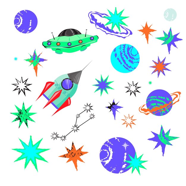 Iconos de exploración espacial con cohetes y naves espaciales ovni ilustraciones vectoriales planas aisladas