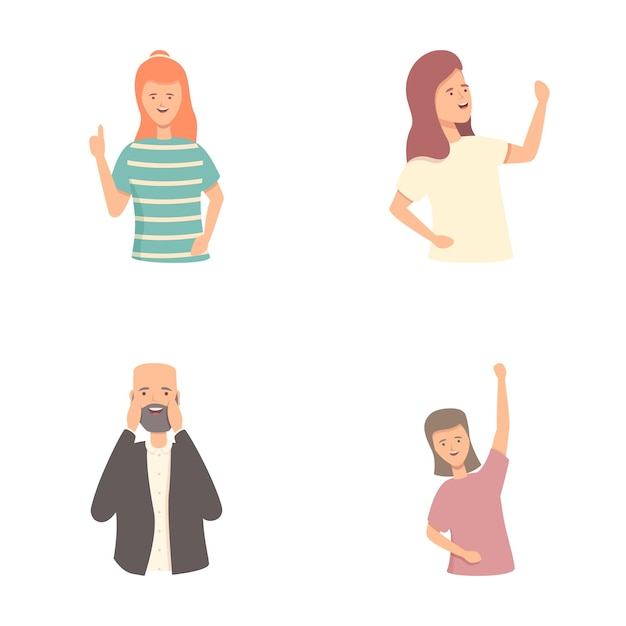 Iconos de expresión alegre establecidos en el vector de dibujos animados Caracteres alegres con emoción positiva