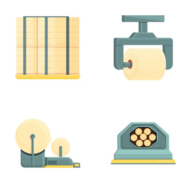 Iconos de fabricación de papel conjunto de vectores de dibujos animados Equipo para la producción de papel