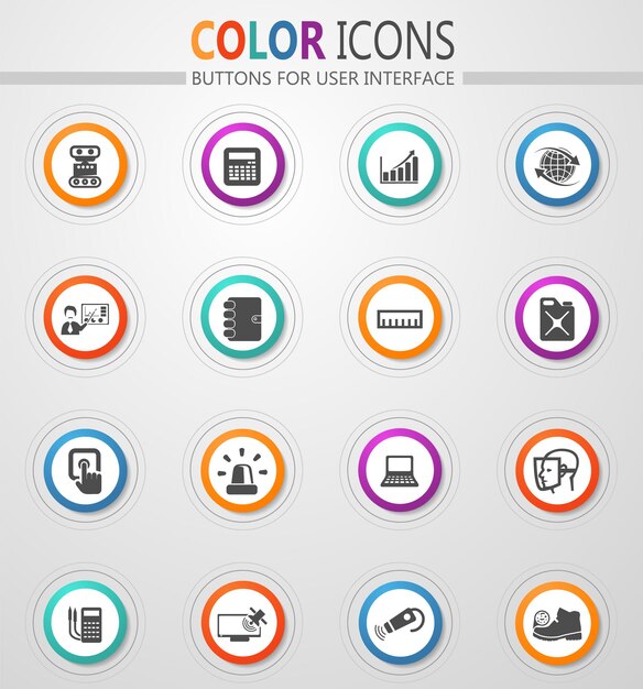Iconos de la facultad de mecánica en botones blancos redondos con trazos de color