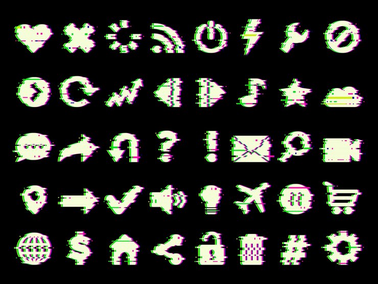 Vector iconos con fallas símbolos de medios web en estilo grunge imágenes de interfaz de usuario con fallas para el proyecto de diseño de aplicaciones móviles plantilla vectorial reciente aislada ilustración del diseño de internet de medios con fallas de símbolos